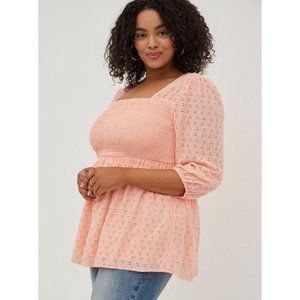 Torrid Womens 0X Peach 3/4 Sleeves Voile Eyelet Smocked Babydoll Blouse Top NWT